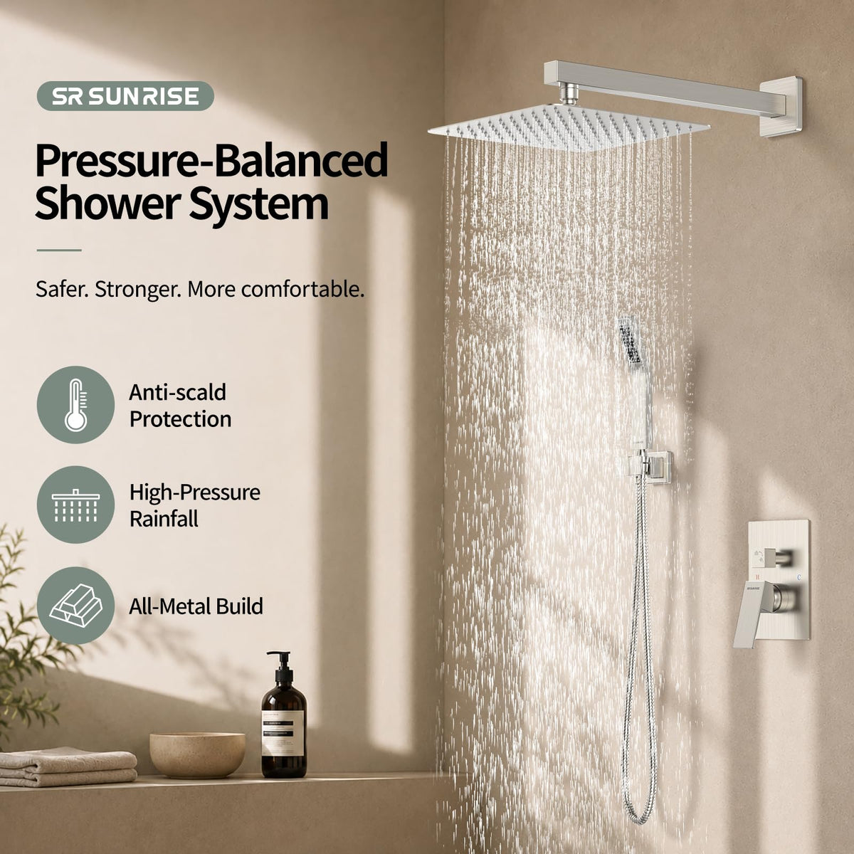 Shower Faucet Set 10-Inch Rainfall Shower Head Brushed Nickel