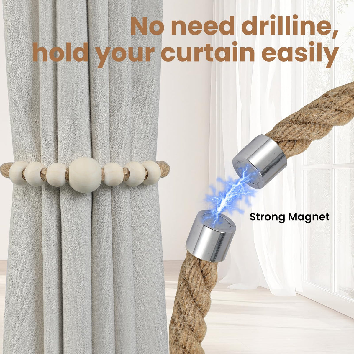 Magnetic Curtain Tiebacks, 6 Pack Wood Bead Curtain Holdbacks, Decorative Curtain Ties for Drapes, Boho Curtain Tie