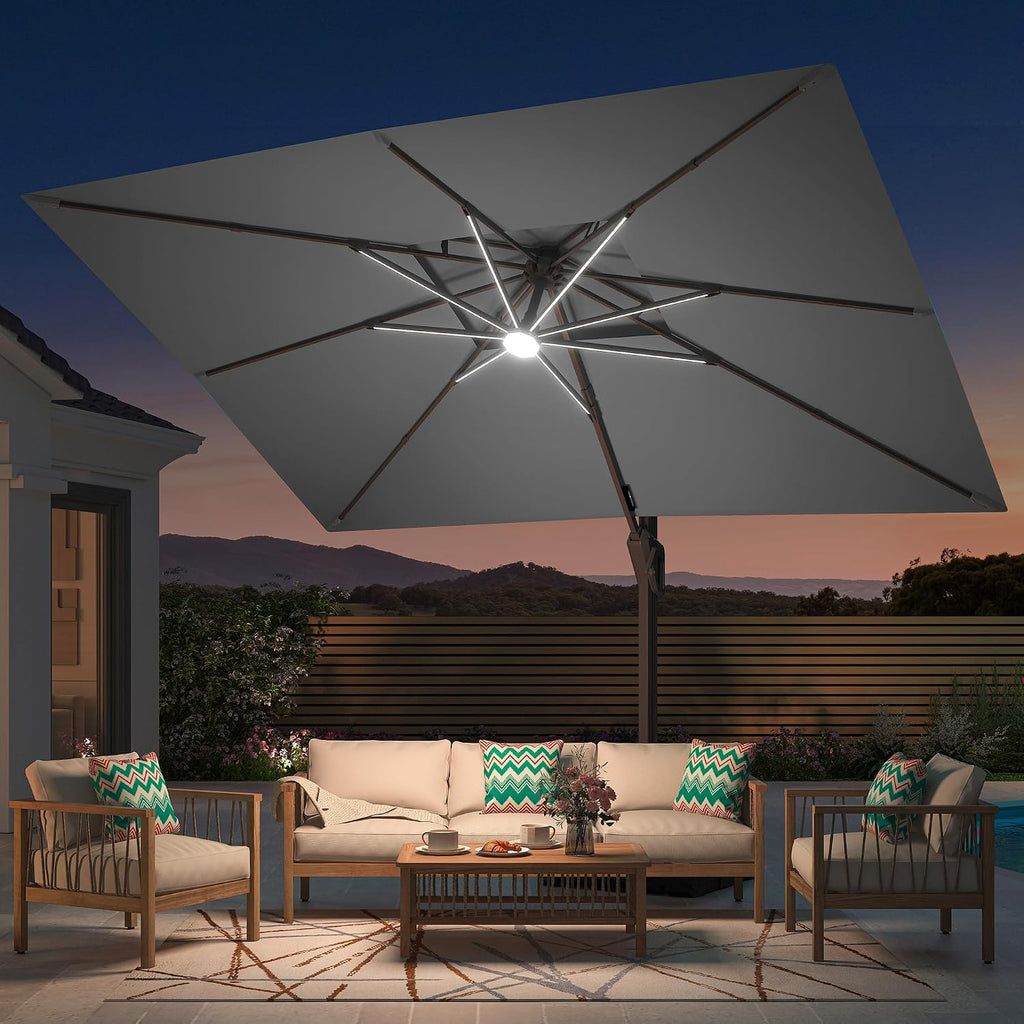10' X 13' Patio Umbrella with Weighted Base and LED Lights Outdoor Cantilever Large Rectangle Offset Umbrellas Heavy