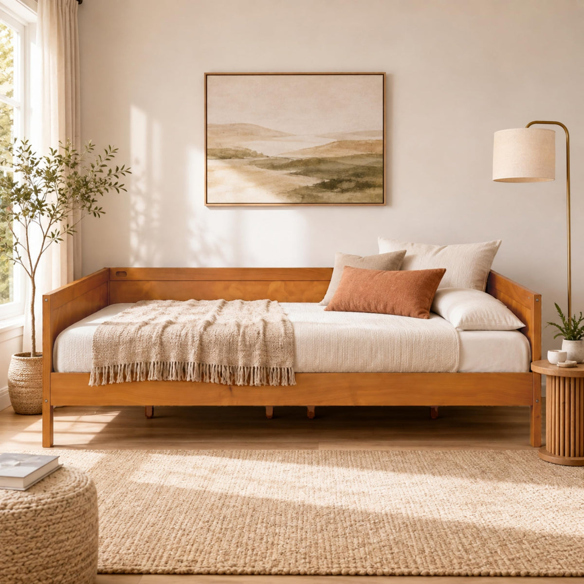 Full Size Mid-Century Modern Wood Daybed with Slat Support, Light Walnut
