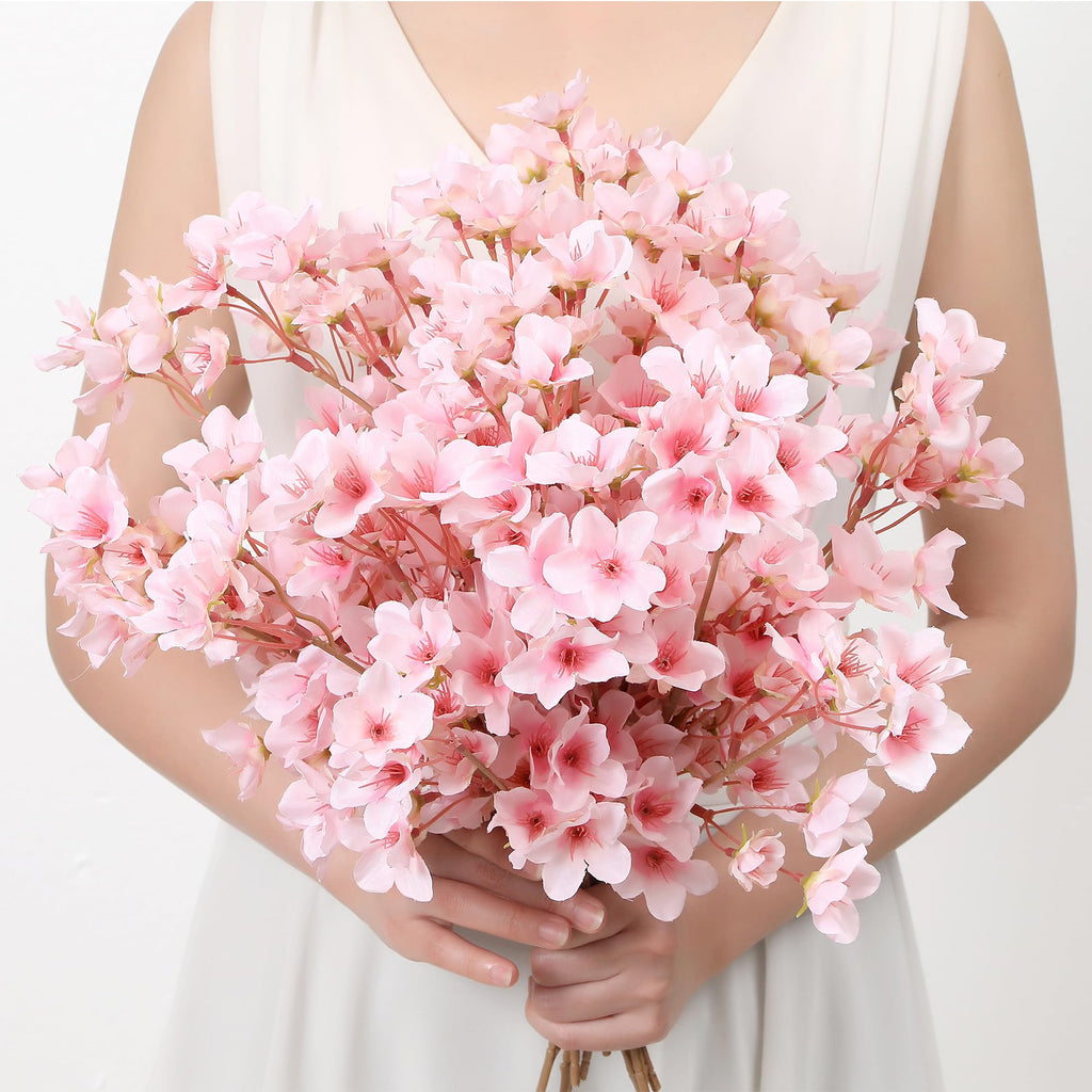 6Pcs Artificial Cherry Blossom Branches Decor Fake Flowers Silk Spring Faux Flowers 16" Peach Bouquet Wedding Bedroom