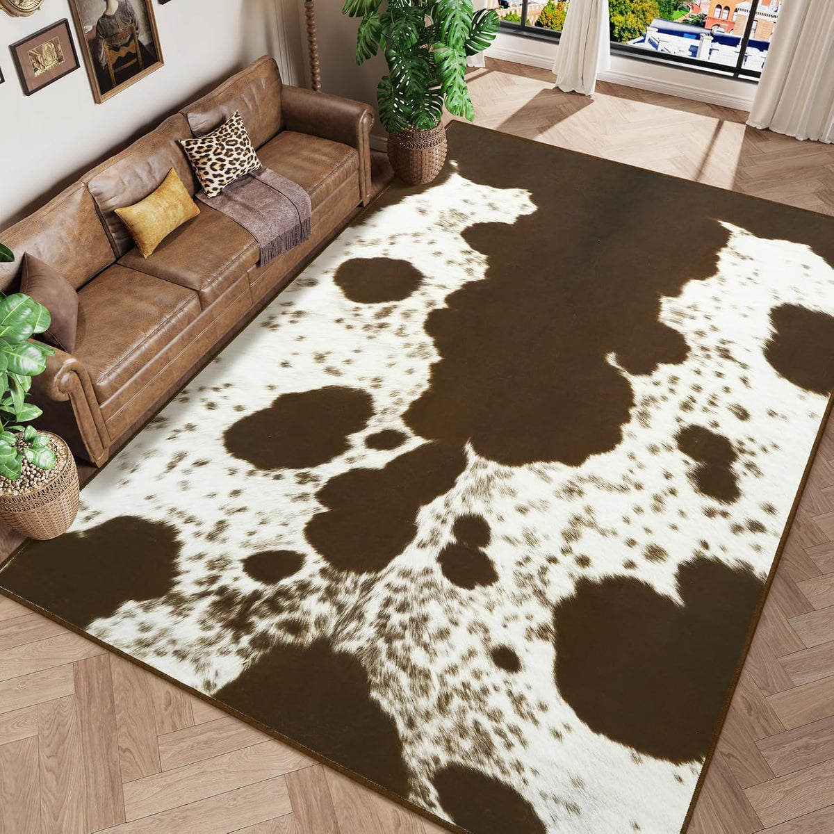Faux Cowhide Rugs Bedroom, 8x10 Cow Print Area Rug | Machine Washable Non-Slip Stain Resistant Rug Premium Western