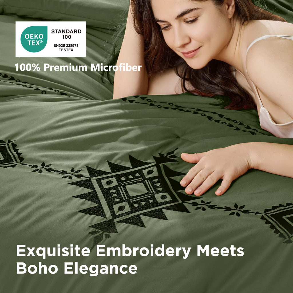 Embroidered Comforter Set King, 3-Piece Boho Bedding, Green