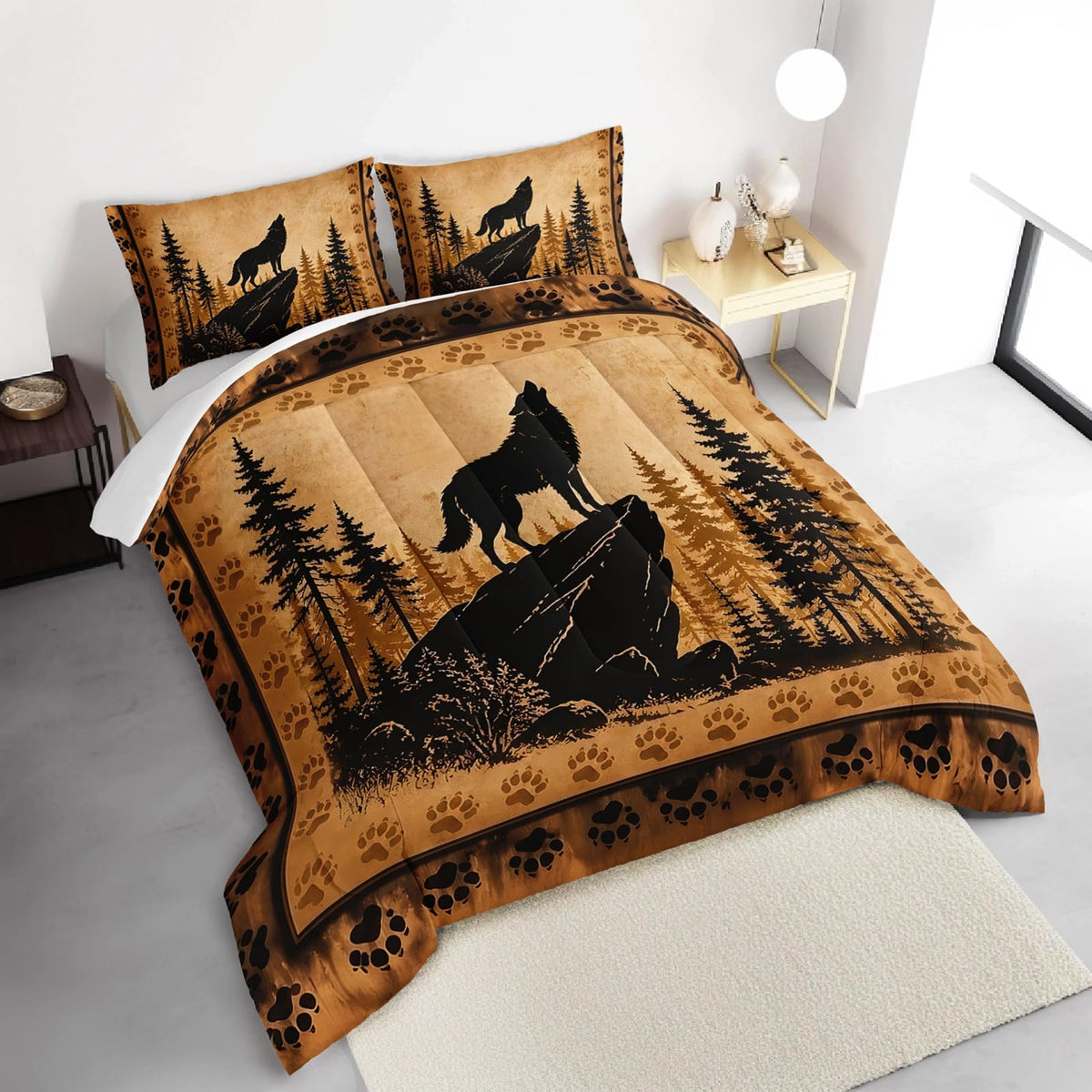 Wolf Comforter, Howling Wolf Forest Bedding with 2 Pillowcases.