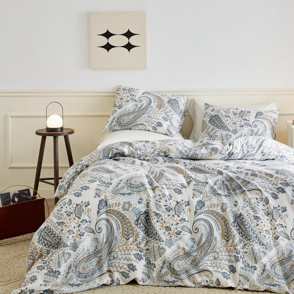 Flower Paisley Duvet Cover Queen 100% Cotton 3 Pcs Set 1 Vintage Boho Floral Duvet Cover with Zipper Ties 2