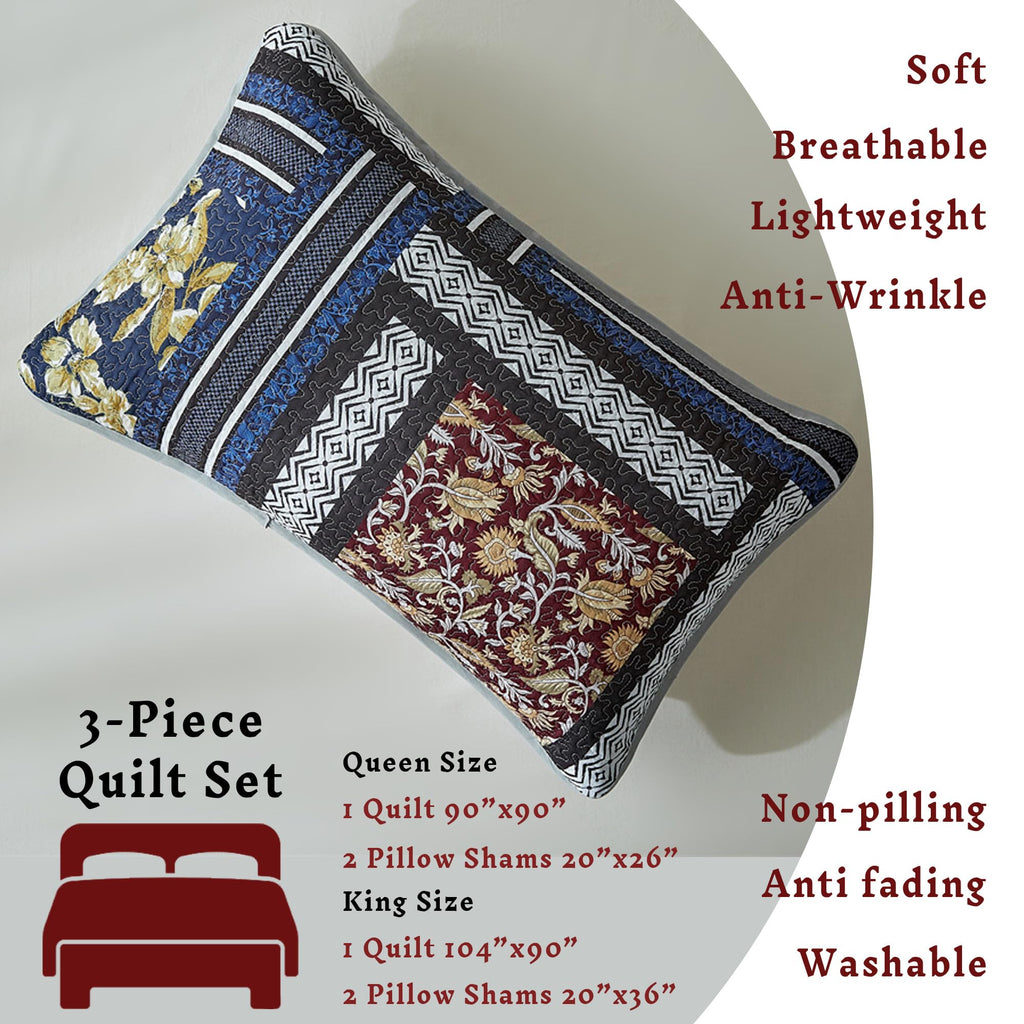 3-Piece Boho Floral Patchwork Quilt Set Geometric Stripes Navy Blue Bedspread with 2 Pillow Shams Soft