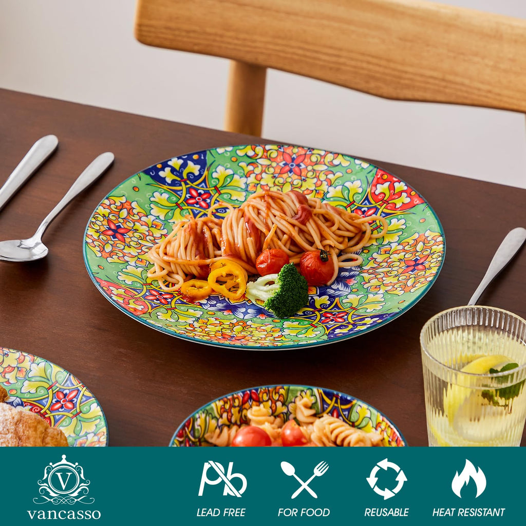 12 Pieces Dinnerware Sets, Green Plates and Bowls Set, Porcelain Dishes Set for 4, Microwave and Dishwasher Safe