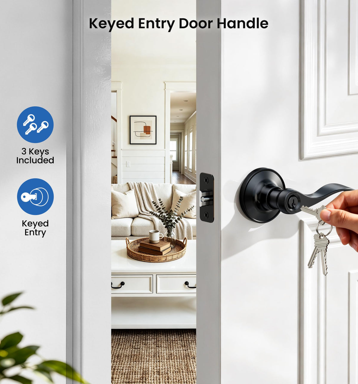 Keyed Entry Door Handle with Lock, Wave Door Levers, Matte Black