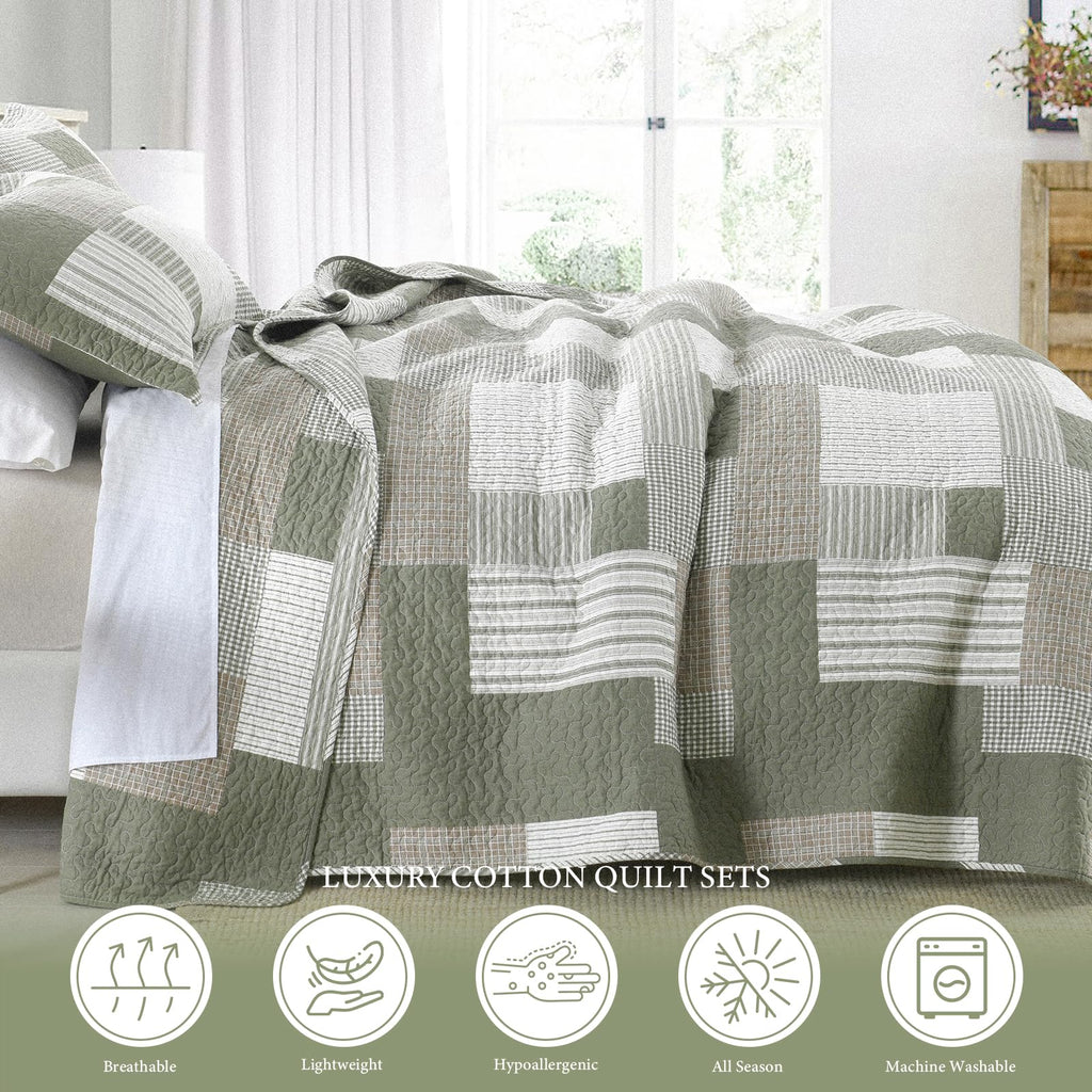 Plaid Quilt Set, Patchwork Light Green Quilt Bedding Set, 100% Cotton Bedspreads, Farmhouse Rustic
