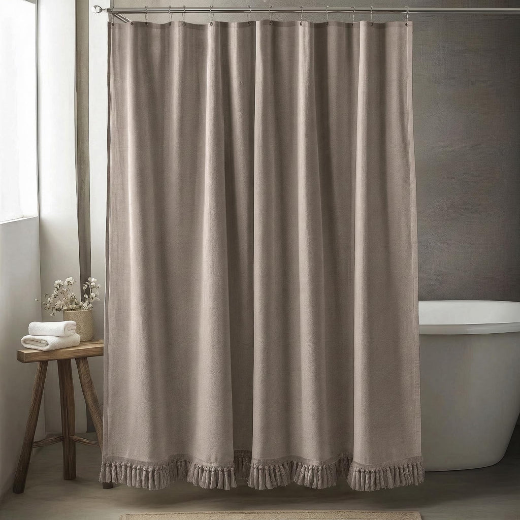 Linen Shower Curtain Boho Taupe Shower Curtain with Tassels 72"W x 72"L