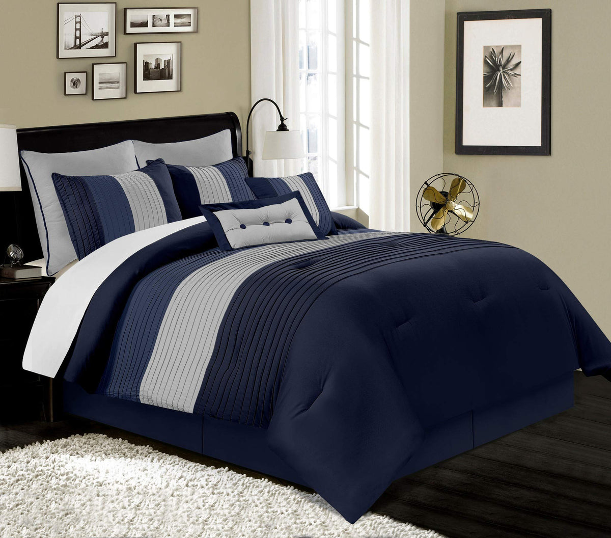 Loft 8-Piece Striped Comforter Set, Navy/Gray/Blue