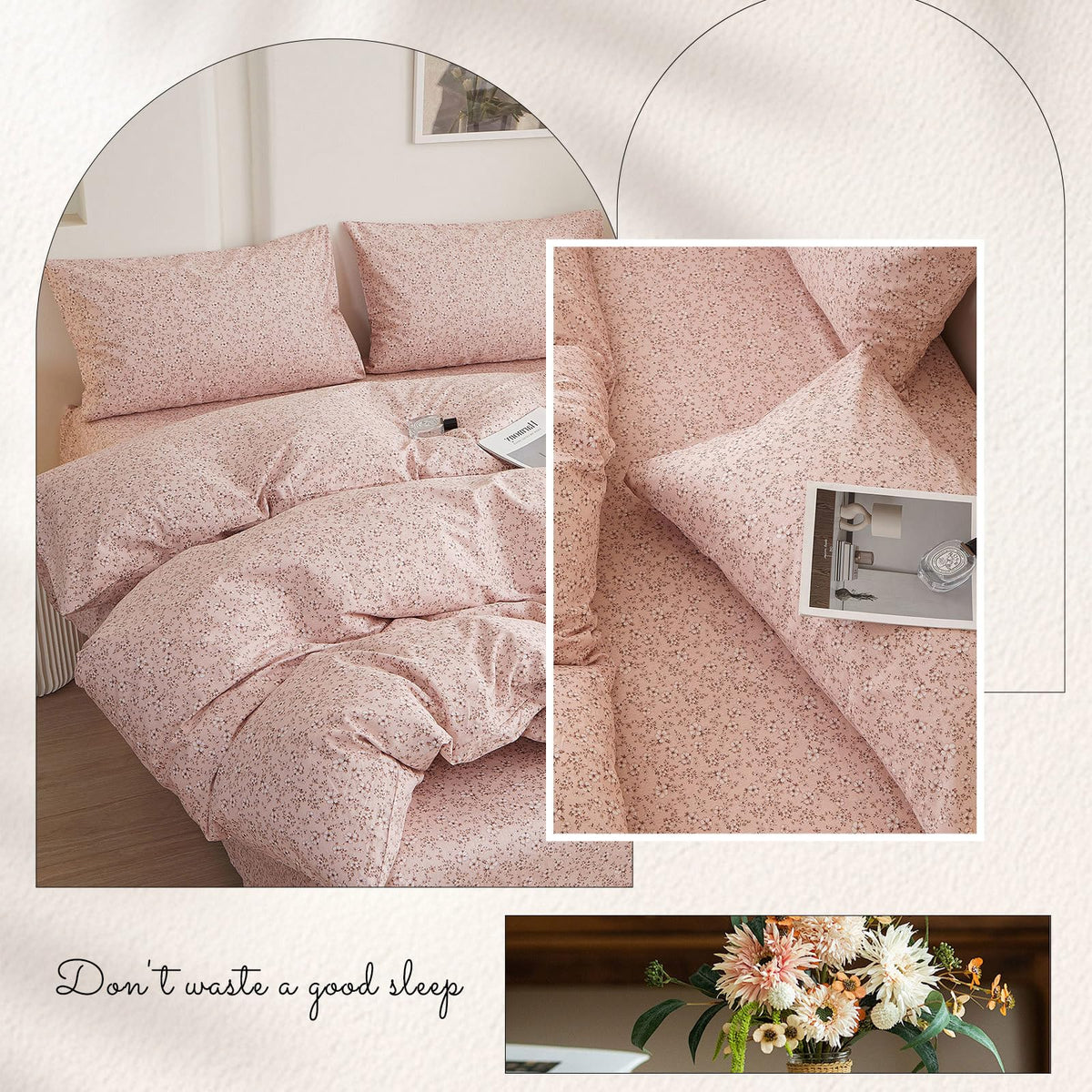 Vintage Pink Floral Duvet Cover Set, Soft 100% Cotton Botanical Flower Bedding Set, Chic Aesthetic Coquette