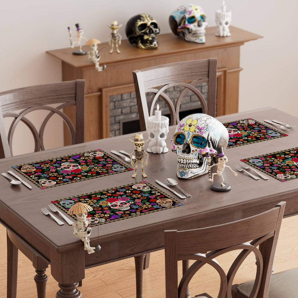 Day of The Dead Flowers Placemats Set of 6 Table Decor12x18 Inch