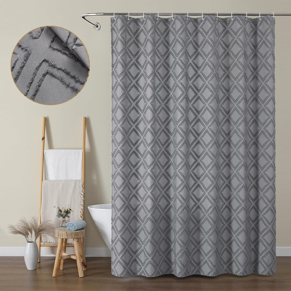 Extra Long 96 Inch Grey Shower Curtains, Boho Fabric Shower Curtain Grommet Top With 12 Hooks, Elegant Modern