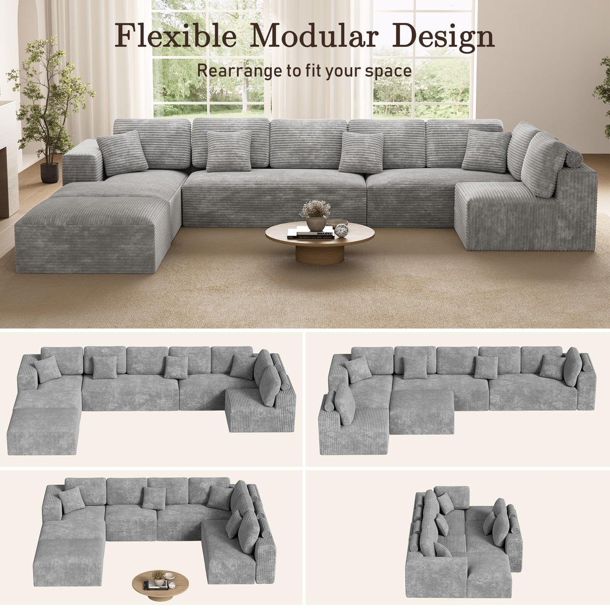 177" Modular Cloud Couch, 8 Seater Corduroy Sectional, Ottoman, Grey