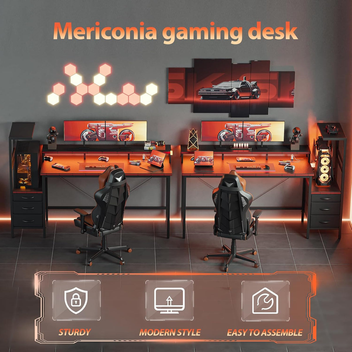 60 inch Gaming Desk with Drawers, Reversible Computer Desk, Black | Gamer Desk with LED Lights, Power Outlets &