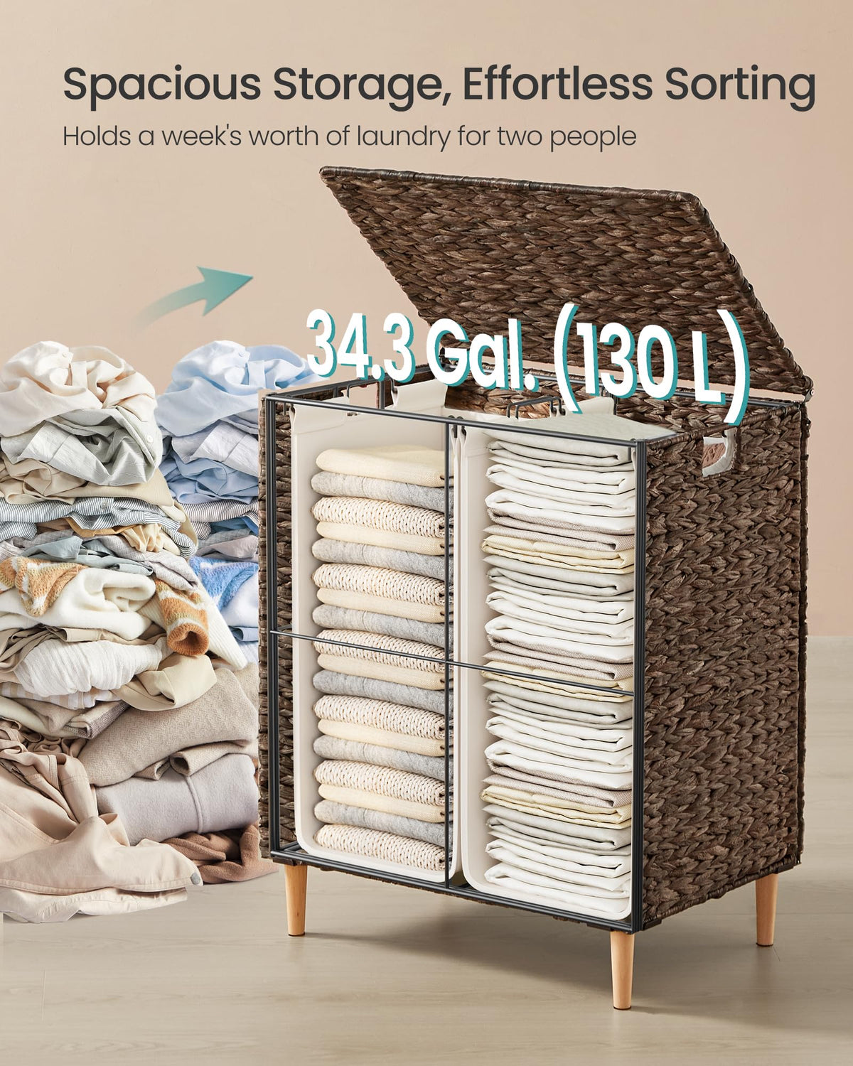 Laundry Hamper With Lid, 130 L Wicker Handwoven Water Hyacinth