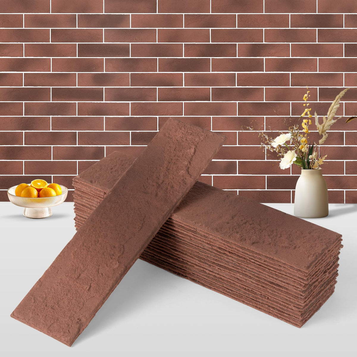 100 Pcs Vintage Red Faux Thin Brick Tiles Veneers, Inorganic Modified Clay, 14 Sq.Ft, Interior Wall Decor Backsplash