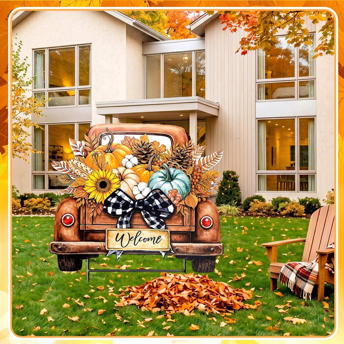 Fall Decor Outdoor Metal Pumpkin Truck Welcome Yard Sign with Bow