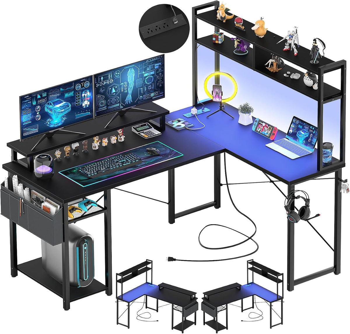 Small L Shaped Desk Gaming Desk with LED Lights & Power Outlets | Reversible L-Shaped Computer Desk with Monitor