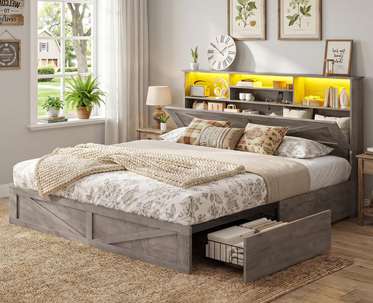 Farmhouse Bed Frame with 4 Storage Drawers and Led Lights, Wooden Bed Frame with Hidden Space