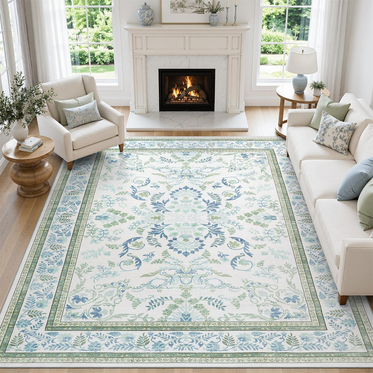 Washable Area Rug in Blue and Green, Machine Washable for Busy Rooms
