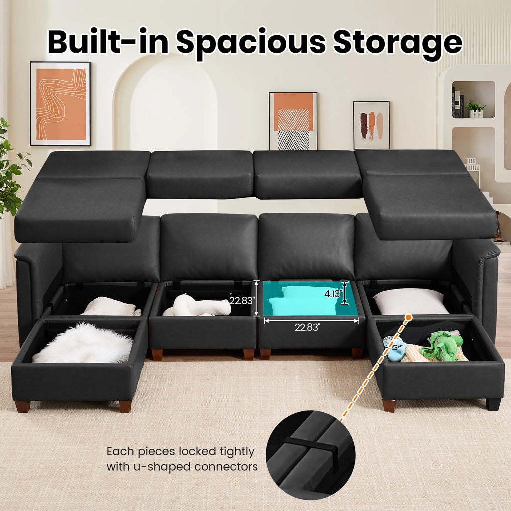 115" Modern Sectional Sofa, Faux Leather Modular Sectional Couchs with Storage Waterproof Convertible U/L Shaped Wide