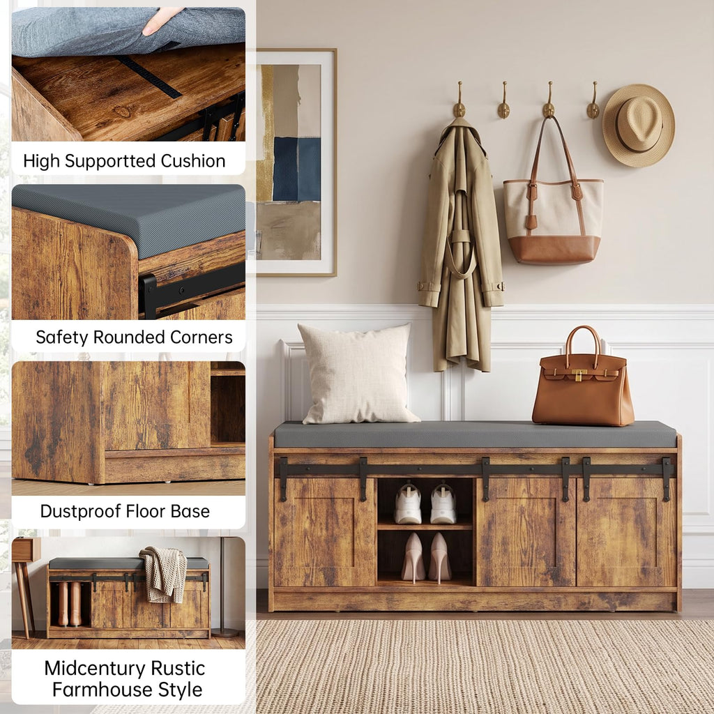 42" Farmhouse Shoe Storage Bench, Rustic Brown, 2pc
