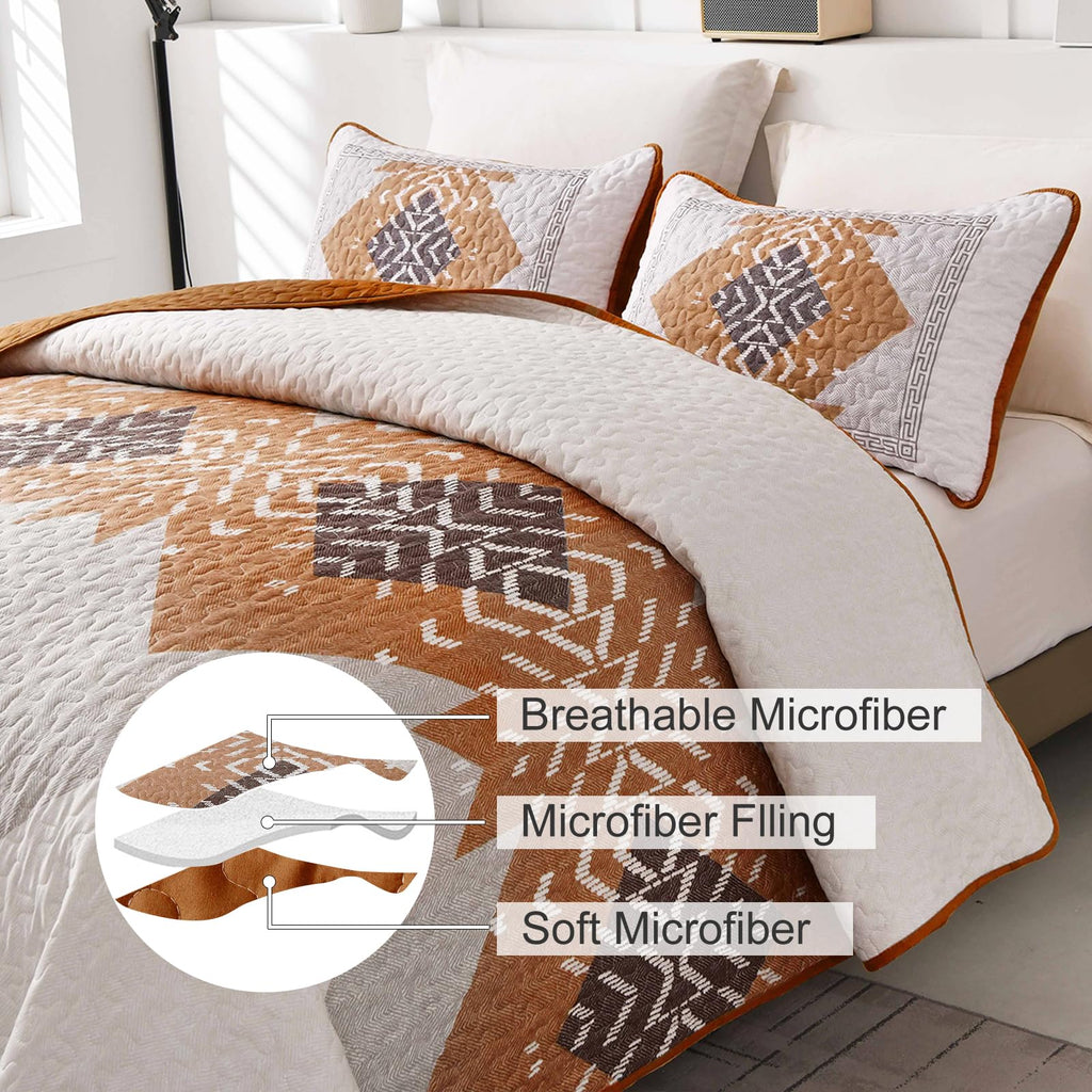 Boho Queen Quilt Set, Terracotta Aztec Reversible Bedspread