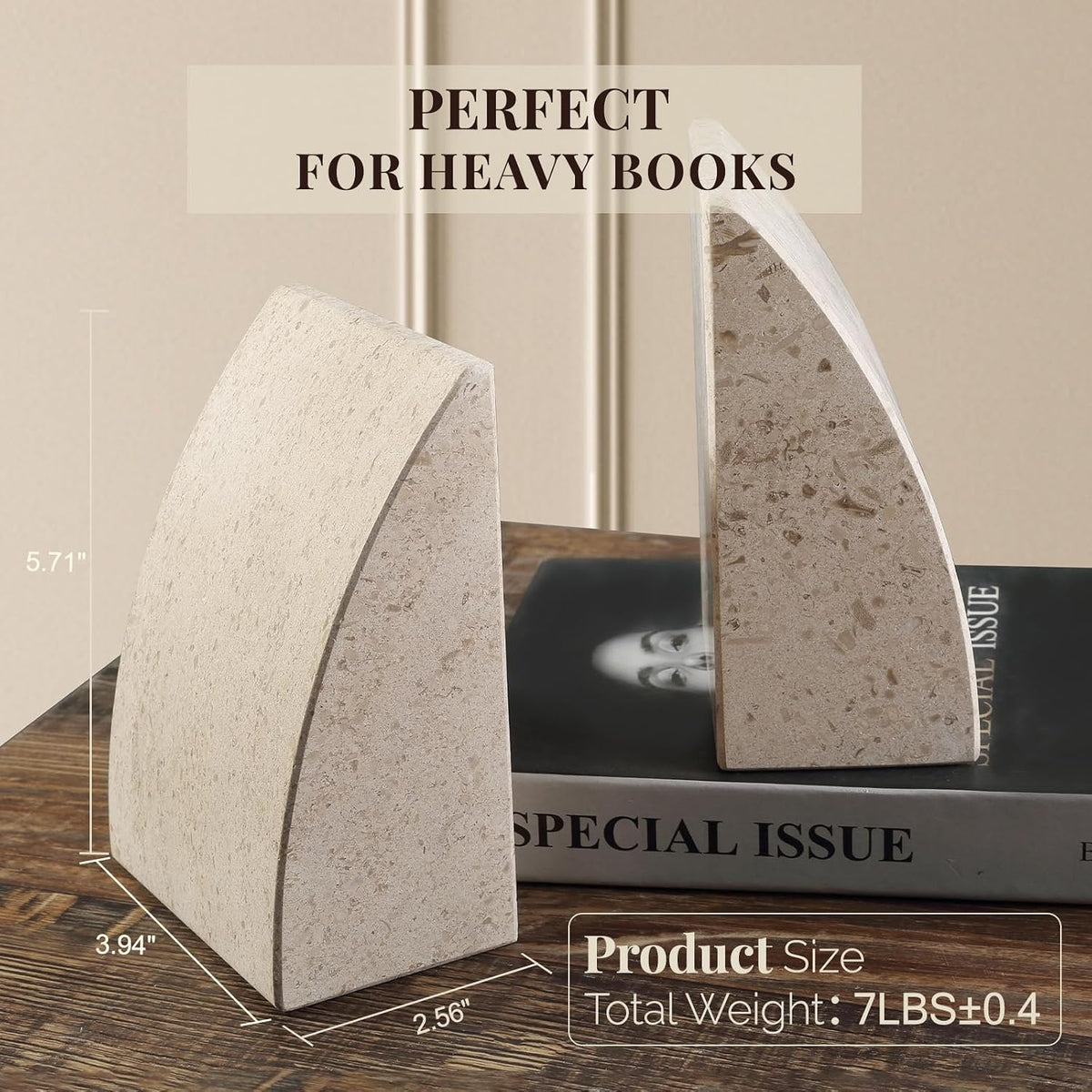 Marble Bookends for Shelves, Large Bookends for Heavy Books, Non-Slip Heavy Duty Book Stopper for CD/Movies