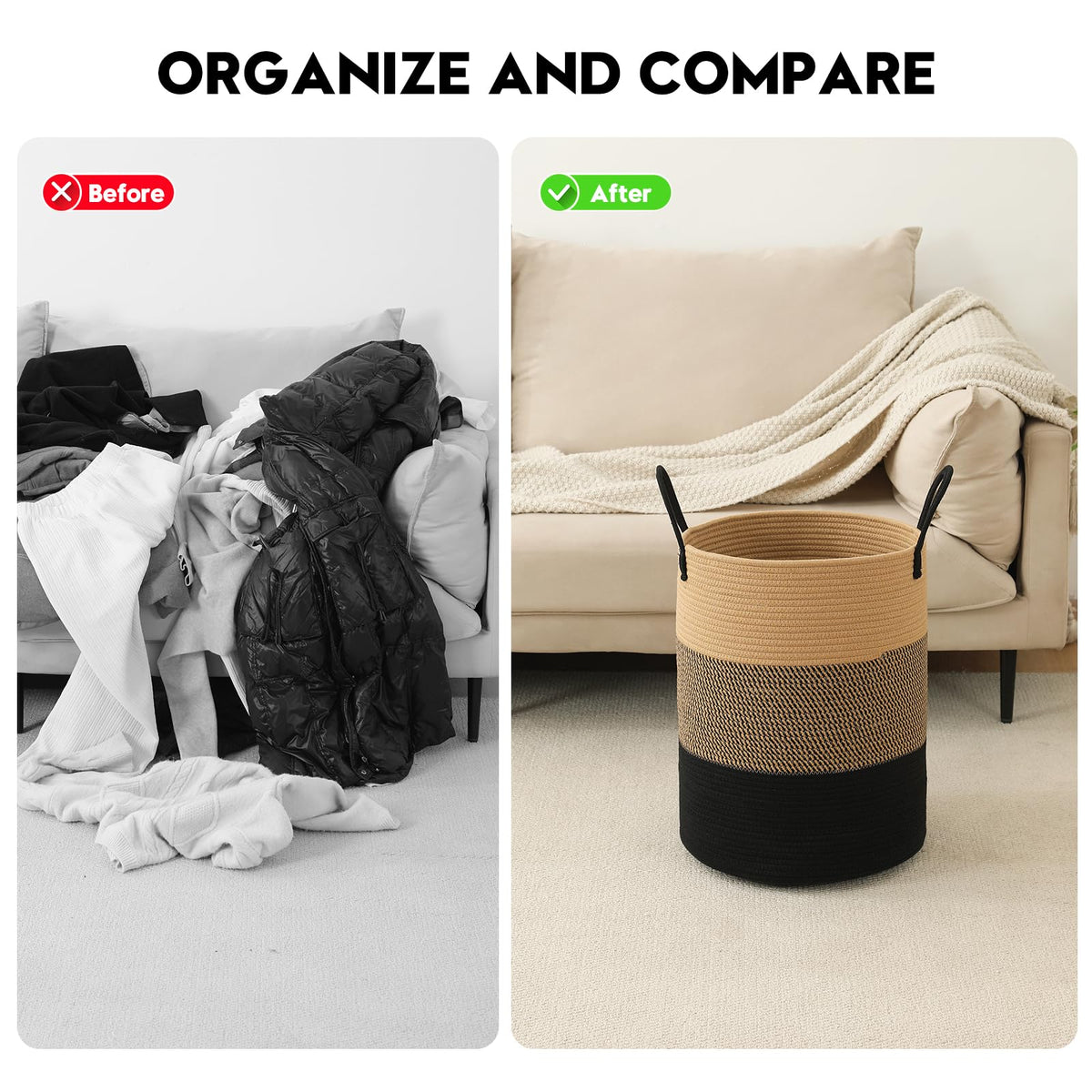 Basket Hamper Tall Rope Storage Woven for Blanket toys Dirty Clothes Bathroom Bedroom (Jute Brown & Black