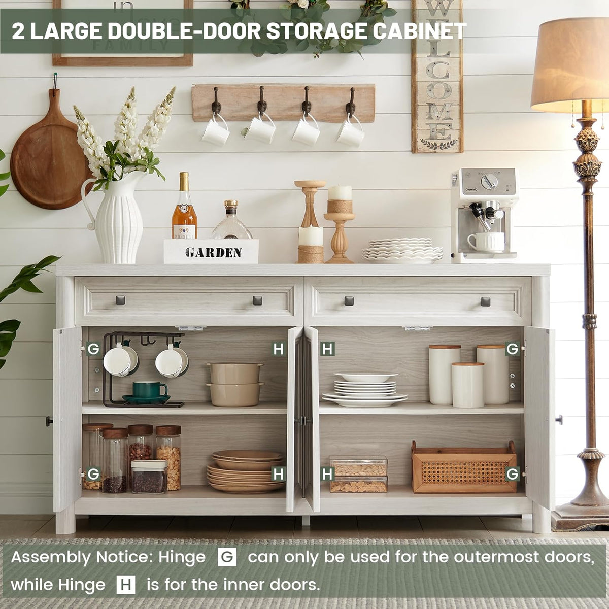 Farmhouse Sideboard Buffet Cabinet with Drawers, 59" Large Credenza Kitchen Storage Cabinets with Shelves & 4 Doors
