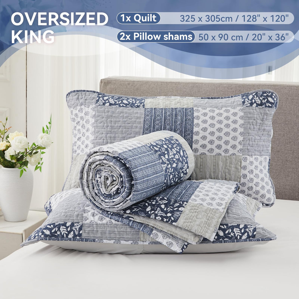 Navy Blue Gray Quilt Set 128x120, 3 Piece Quilted Bedspread Set Patchwork Plaid Bedding Comforter Set
