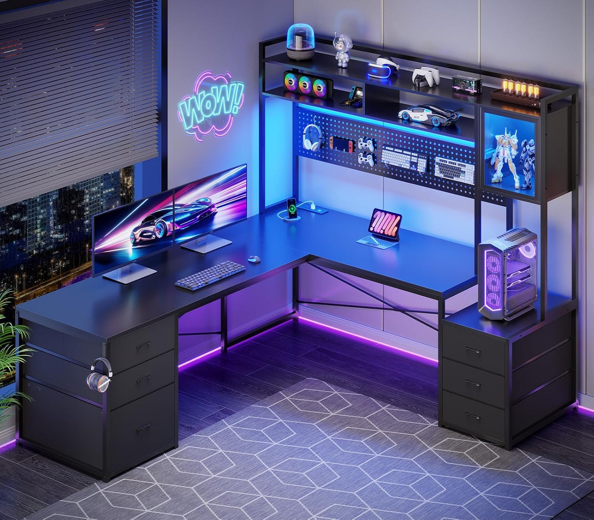 Reversible L Shaped Gaming Desk with 6 Drawers, Hutch, Led Lights | Computer Corner Desk with File Drawer, Storage