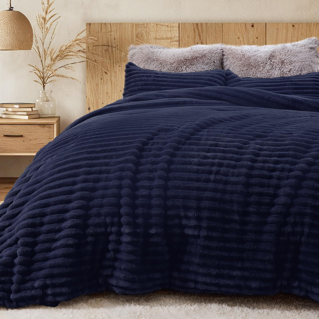 Fluffy Comforter Set, 3 PC Soft Fleece Bedding, Navy Blue