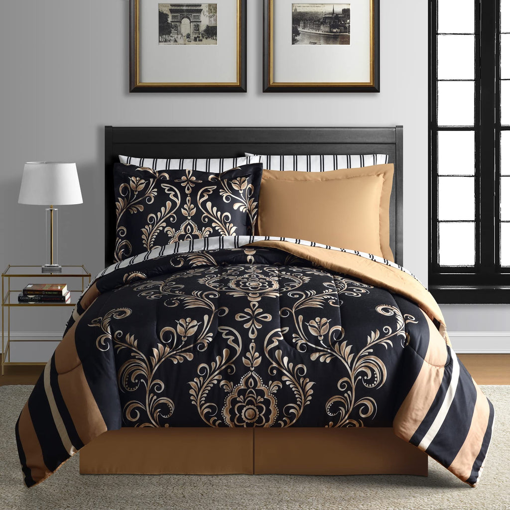 Lanwood Home Sabrina Damask 8-Piece Bed-in-A-Bag Comforter Set with Comforter, Pillow Shams, 4-Piece Sheet Set, & Bed