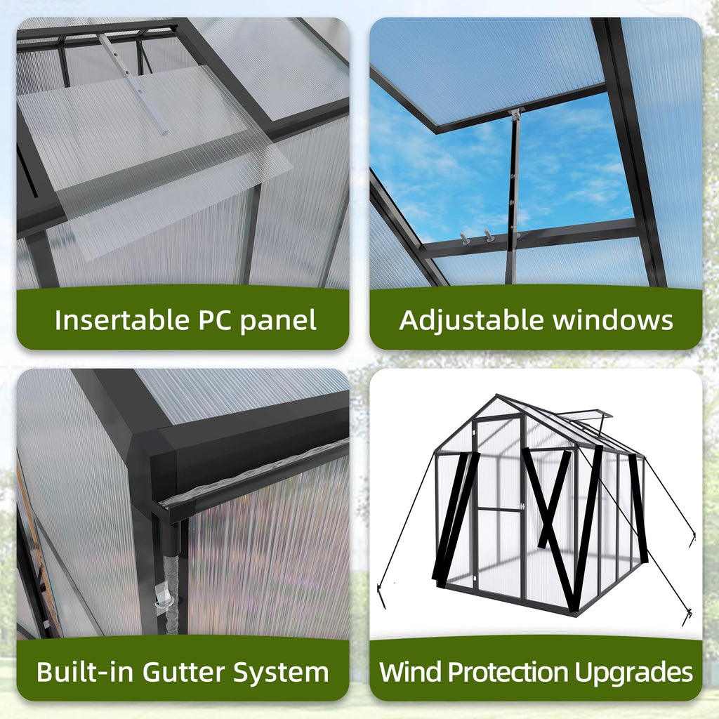 6*8.2FT Greenhouse for Outdoors, Polycarbonate Greenhouse with Stronger Wind Protection and Roof Vent, Walk-in Large