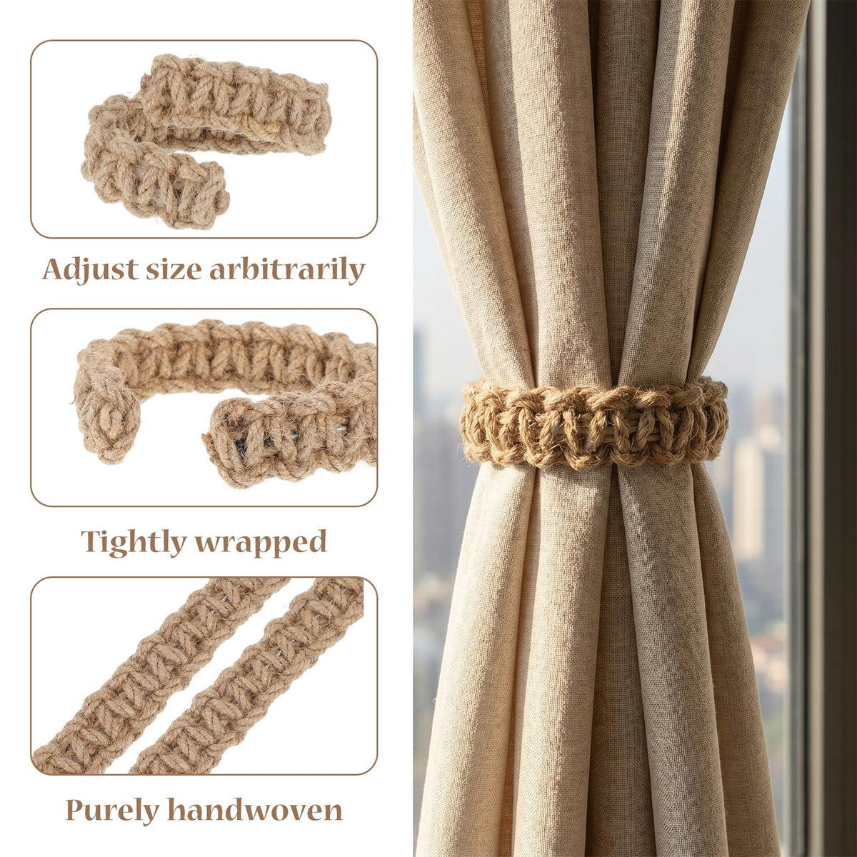 Braided Curtain Tiebacks for Drapes, Rustic Curtain Holdbacks Deco - 16 Pack