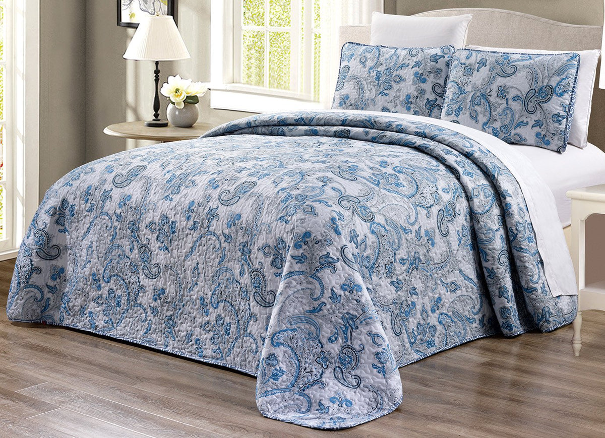 3-Piece Oversize (115" X 95") Fine Printed Prewashed All-Season Quilt Set Reversible Bedspread Coverlet King Size Bed
