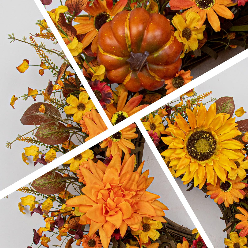 Fall Wreaths for Front Door 20 Inch Artificial Fall Wreath Autumn Flower Wreath with Sunflower Daisy Dahlia Pumpkin