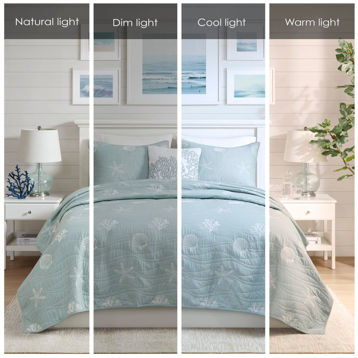 Seaside Reversible Cotton Quilt Set Coastal Clam, Starfish, Coral Embroidery, All Season, Pre-Washed Coverlet Bedding