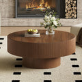 31.5" Round Fluted Coffee Table, Modern Wood Circle Drum Center Table, Accent Side Table with Sturdy Pedestal, Walnut