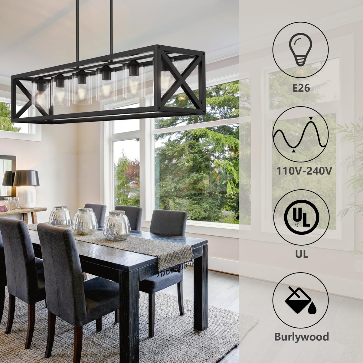 Farmhouse Dining Room Light Fixture - 6 Light Kitchen Island Lighting with Adjustable Height & Thickened Metal Dining
