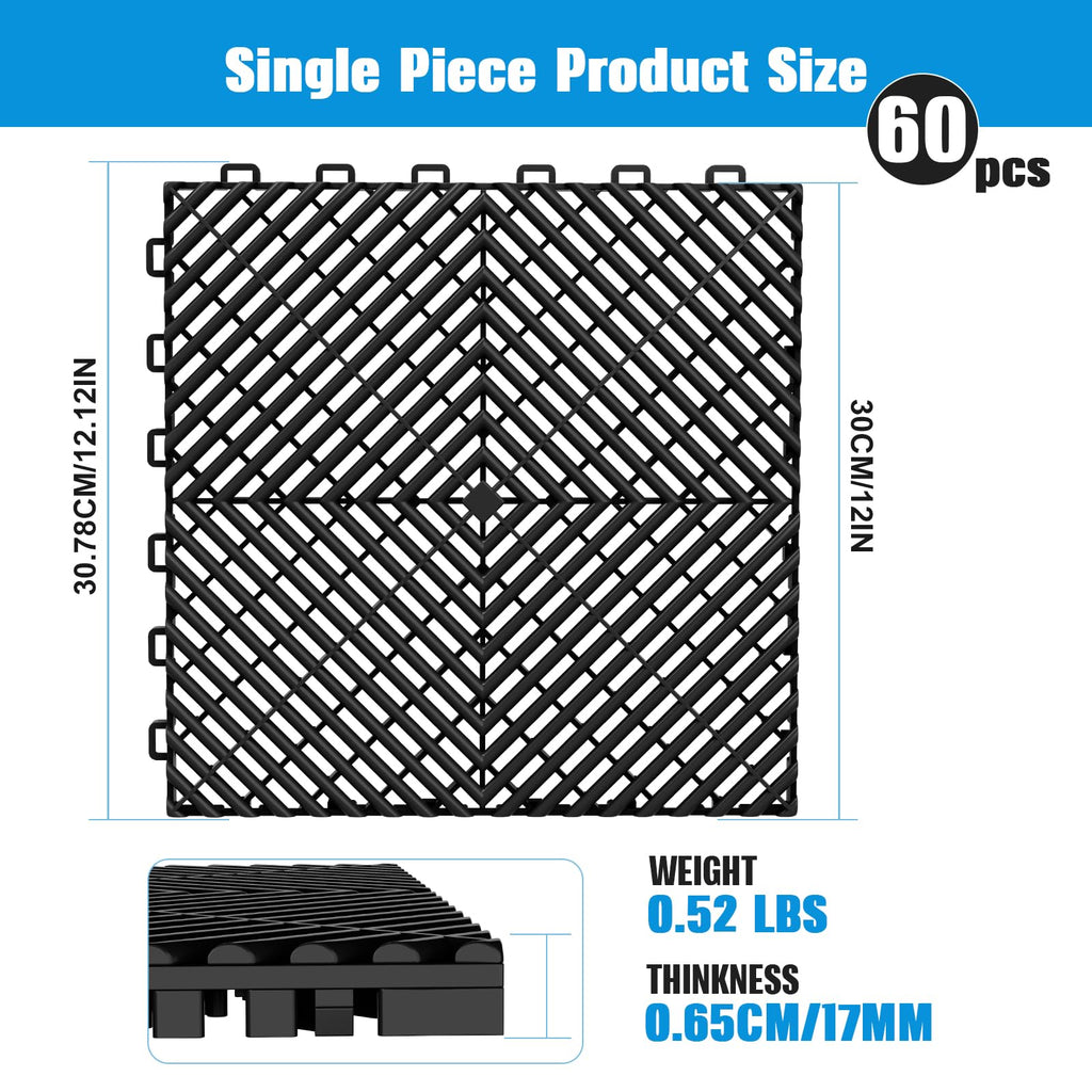 60-Pcs Interlocking Tile, 12" x 12" Indoor/Outdoor Self-Drainage Interlocking Floor Tiles, Non-Slip Heavy-Duty