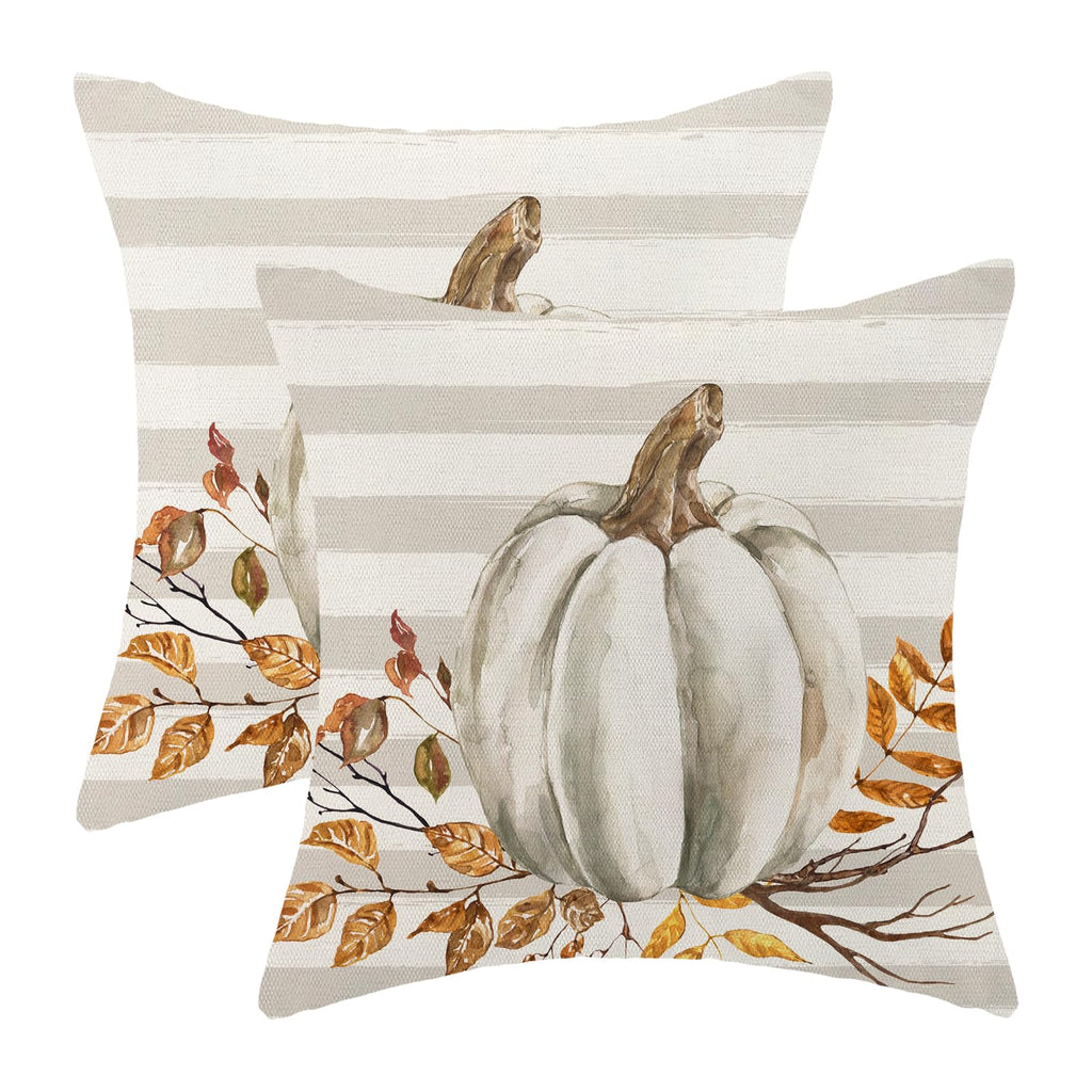 Fall Pillow Covers 24x24 Set of 2 Pumpkin Leaf Branch and Stripes Fall Decor Pillowcase Linen Autumn Thanksgiving
