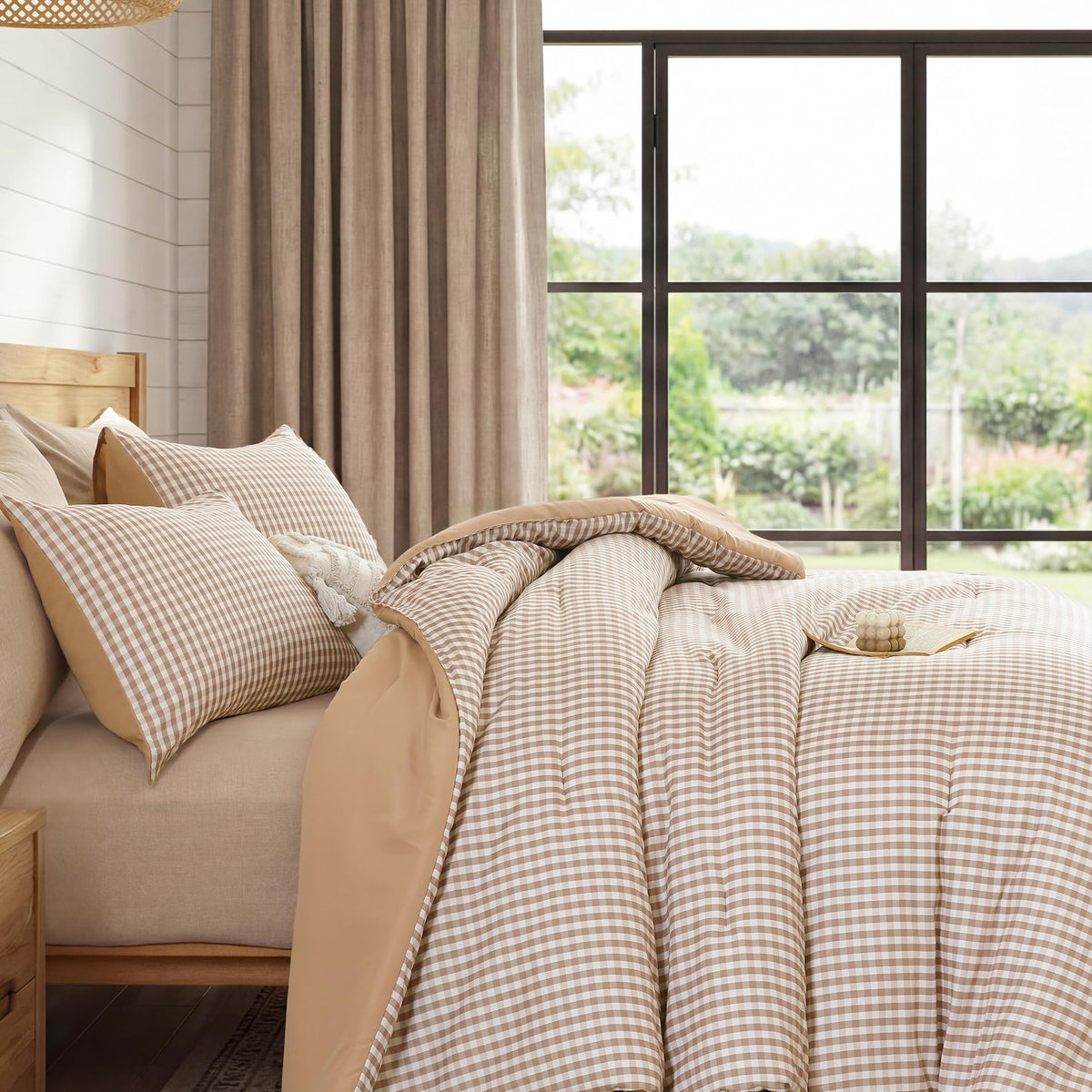 Gingham Comforter Set, 3 Pieces Tan Plaid Comforter Set