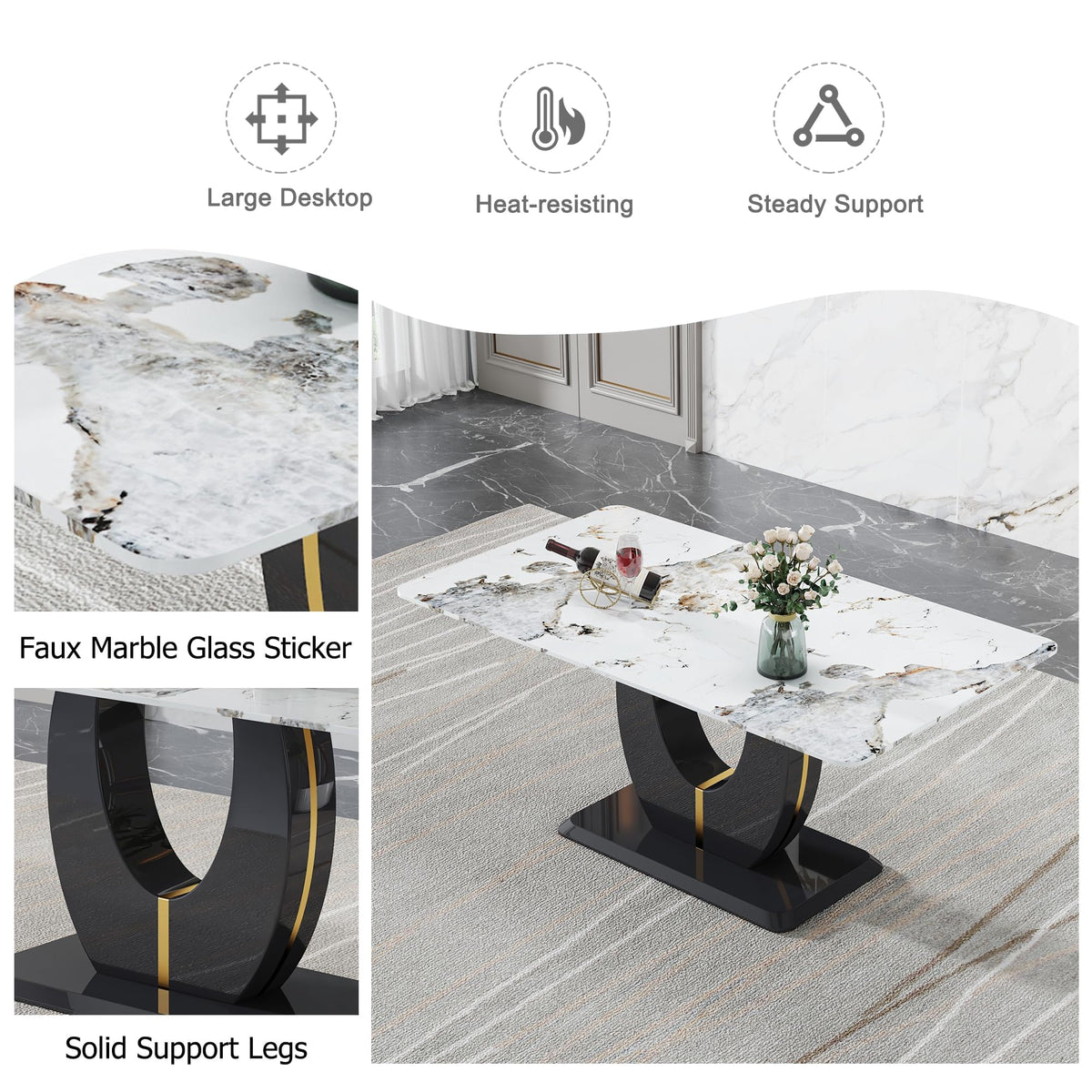 Inspired Saarinen Style 71-Inch White Faux Marble Dining Table with Black Pedestal Base
