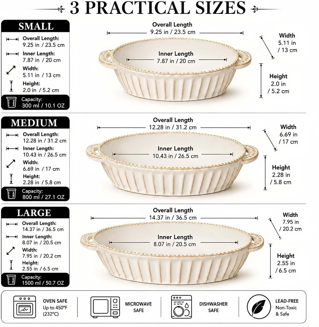 Casserole Dish for Oven, Ceramic Dishes Set, Oval Hobnail Bakeware Set of 3, 9.25"/12.28"/14.37" Dishes with Handle