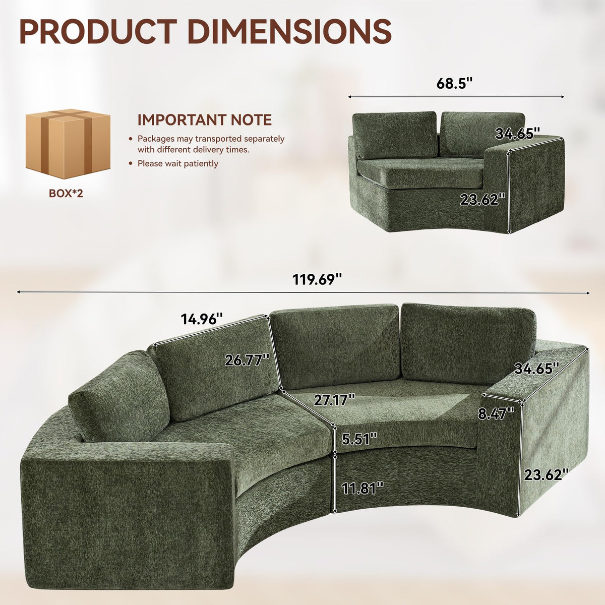 119'' Curved Round Boneless, Oversized Modular Sectional with Deep Seat & Arms, Chenille Memory Foam with Pillows