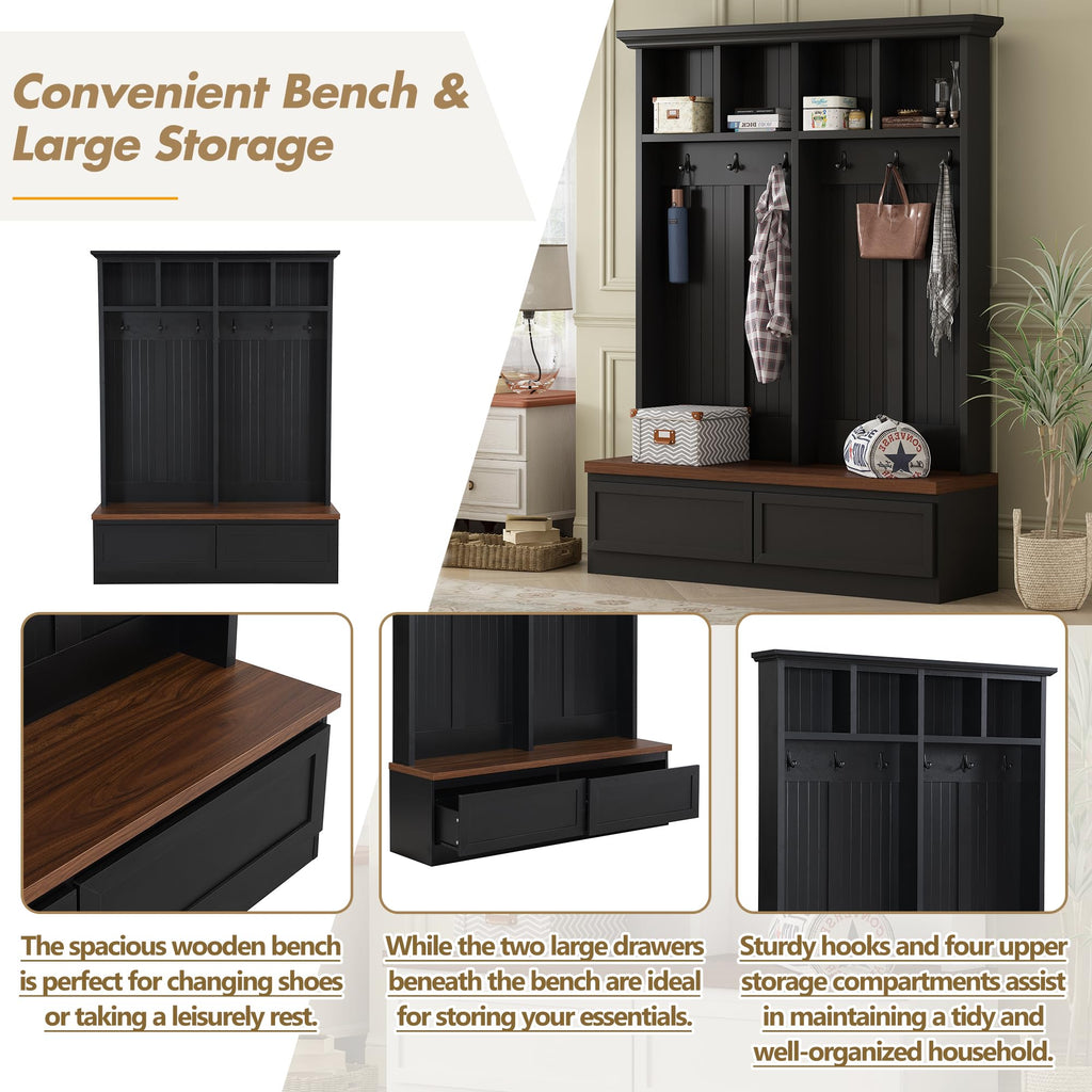 Farmhouse Wood Hall Tree with Bench and Storage Drawers, 4-in-1 Coat Rack with 6 Hooks for Entrance, Hallway Black